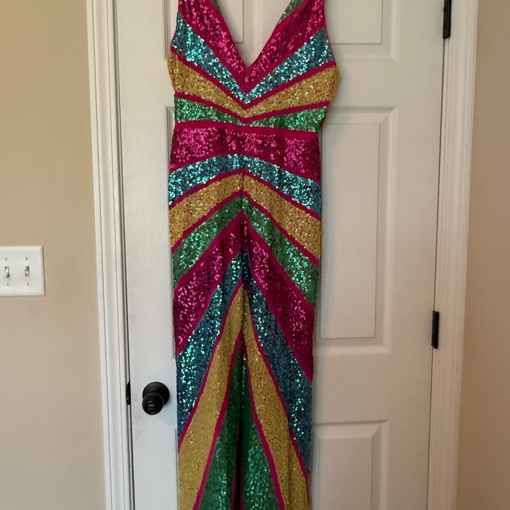 Sequined Multicolor Chevron Gown - Vivid Stripe Maxi